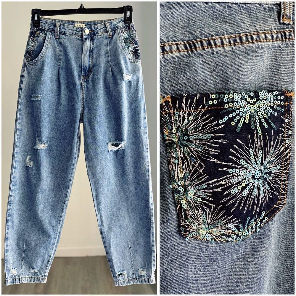 POL Distressed Sequin Pockets Pleated Jeans Small